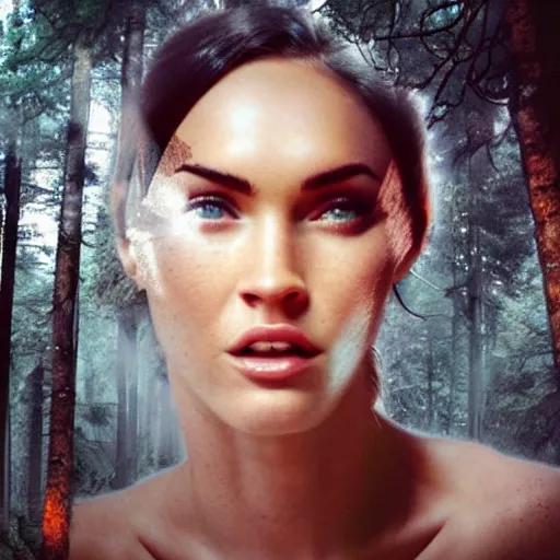 Prompt: double - exposure effect of megan fox face in beautiful mountains, in the style of dan mountford, amazing detail