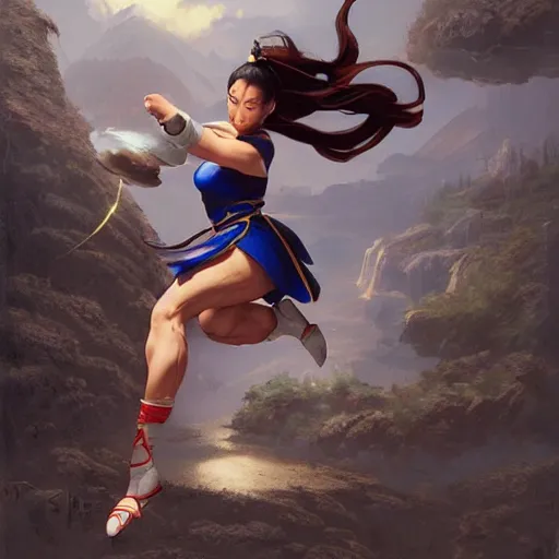 Prompt: chun - li doing a high kick, matte painting by greg rutkowski