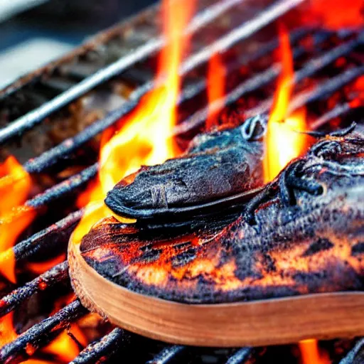 Prompt: roasting a shoe on a barbecue