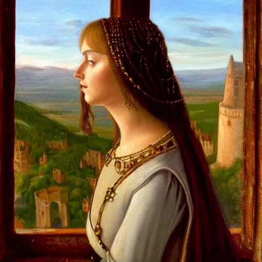 Prompt: very very very beautiful and detailed oil painting of a medieval princess staring sadly out of a castle window onto a sunlit landscape during dusk, 8k