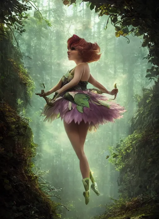 Image similar to evil tinker bell flying in an enchanted forest, flawless symmetrical pretty cute face, greg rutkowski, 8 k, shallow depth of field, intricate detail, concept art,