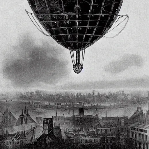 Image similar to a photograph of a steampunk dirigible floating above london in the 1 8 6 0