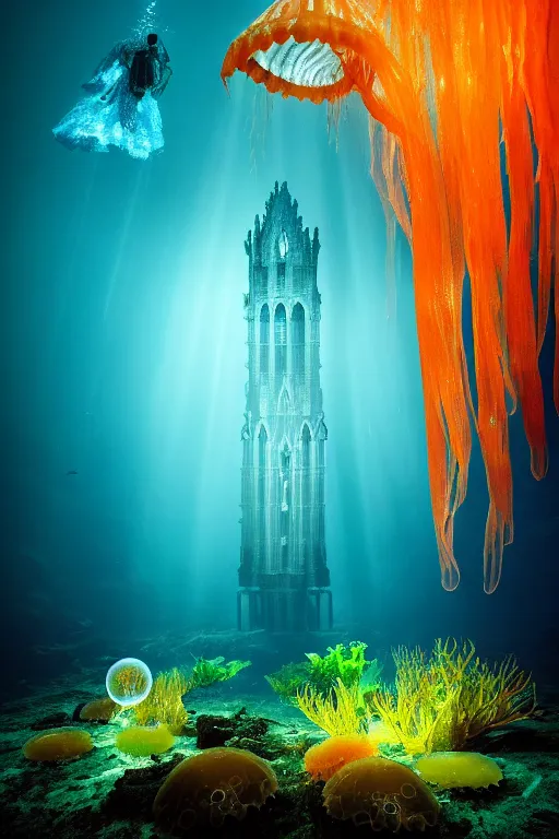 Image similar to high quality photo of cinematic underwater dystopian neo - gothic cathedral ruins with giant luminescent colorful aquatic plants and jellyfish, digital art masterpiece, aykut aydogdu eric zener, dramatic volumetric light, extreme long shot, ground angle uhd 8 k, sharp focus