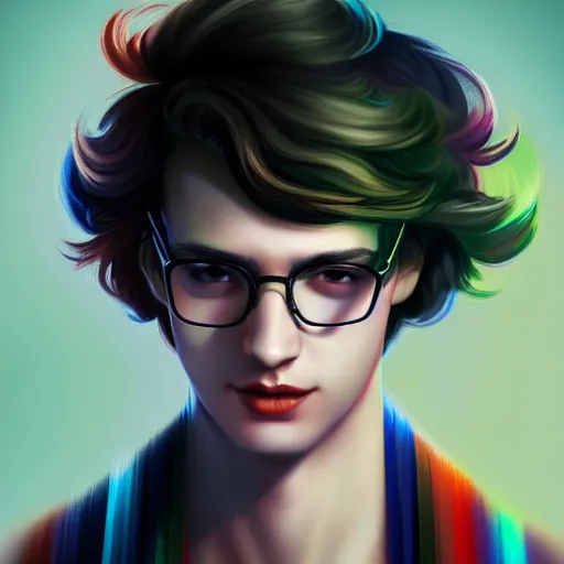 Prompt: colorful and Festive Captivating young man with long monalisa like black hair, round glasses, white t-shirt, smiling, innocent look. rich vivid colors, ambient lighting, dynamic lighting, 4k, atmospheric lighting, painted, intricate, highly detailed by Charlie Bowater