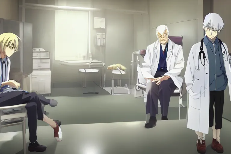 Image similar to a elegant doctor wearing white coat are talking with an old surgeon in a hospital, slice of life anime, lighting, anime scenery by Makoto shinkai