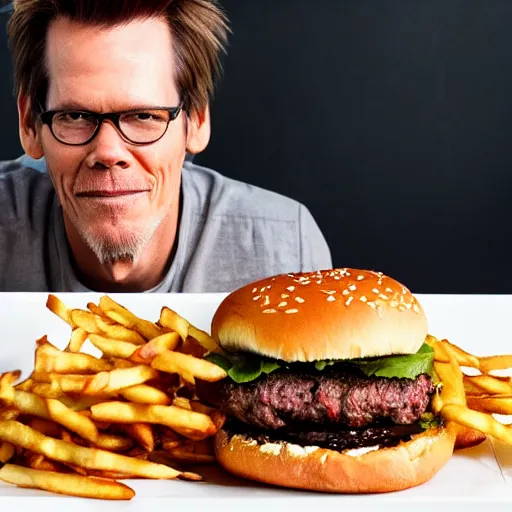 Prompt: kevin bacon profile portrait eating bacon burger soda fries, award winning food photography