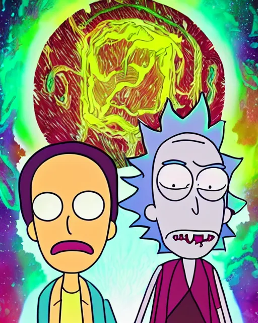 Prompt: dramatic line - art portrait of rick and morty, color glow, intense shading