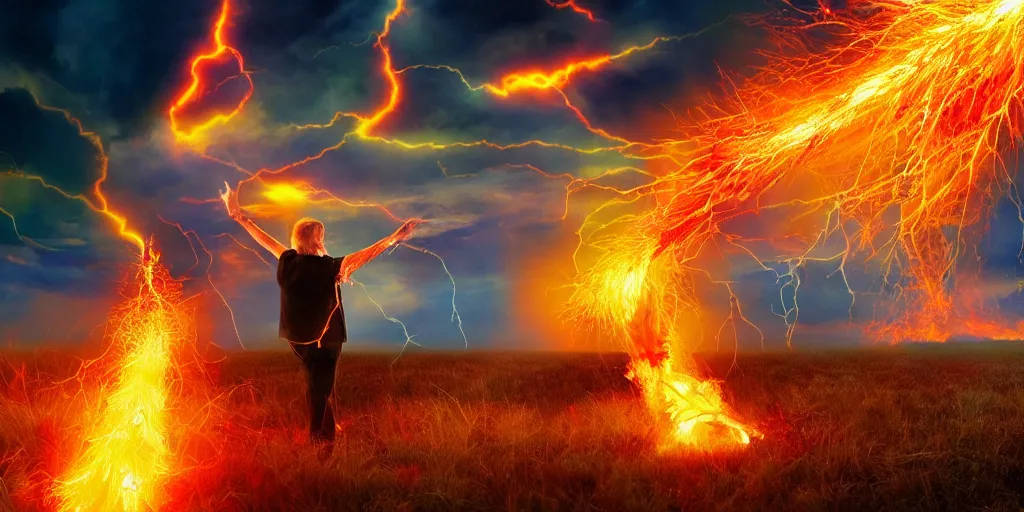 Image similar to donald trump casting fireballs, colorful hd picure, lightning in the background