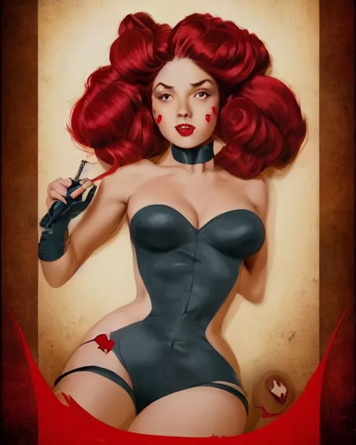 Image similar to in the style of artgerm and Andreas Rocha and Gil Elvgren and Joshua Middleton and Gil Elvgren, full body pin-up modeling of pretty young woman with dreadlocks, symmetrical face, red paint strip across eyes, natural lighting, warm colors, american postcard art style, pin-up postcard