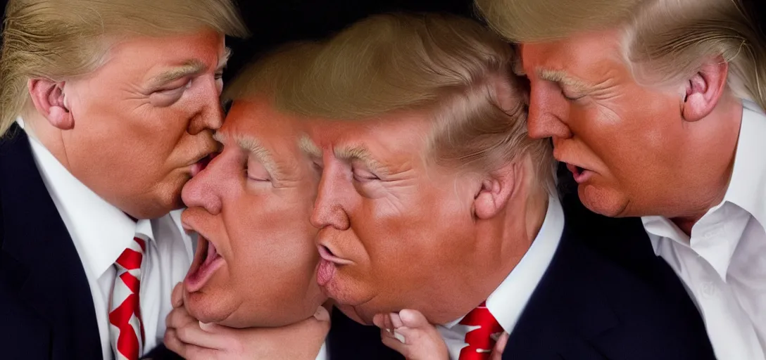 Image similar to beautiful high quality romantic portrait photo of donald trump kissing donald trump. hq. hdr. golden hour. donald trump and donald trump kissing on the lips. very high resolution. amazing lighting.