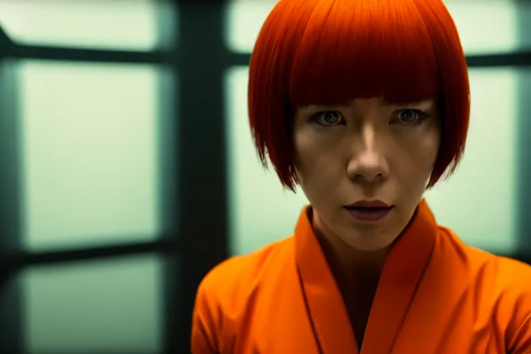 Image similar to major motoko wearing an orange prison jumpsuit, photography by fred palacio medium full shot still from bladerunner 2 0 4 9, sci fi, bladerunner, canon eos r 3, f / 3, iso 2 0 0, 1 / 1 6 0 s, 8 k, raw, unedited