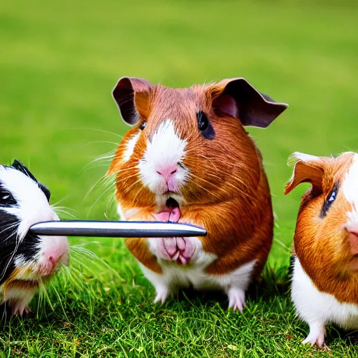 Prompt: anthropomorphic guinea pigs sword fighting, photograph