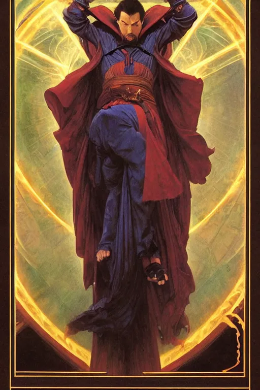 Image similar to An Epic Tarot Card of Dr. strange casting dynamic powerful spell. lit by dark evil magic portal, amazing colour harmony and variation, simple background, by Donato Giancola, William Bouguereau, John Williams Waterhouse and Alphonse Mucha