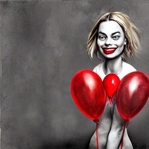 Image similar to surrealism grunge cartoon portrait sketch of margot robbie with a wide smile and a red balloon by - michael karcz, loony toons style, horror theme, detailed, elegant, intricate