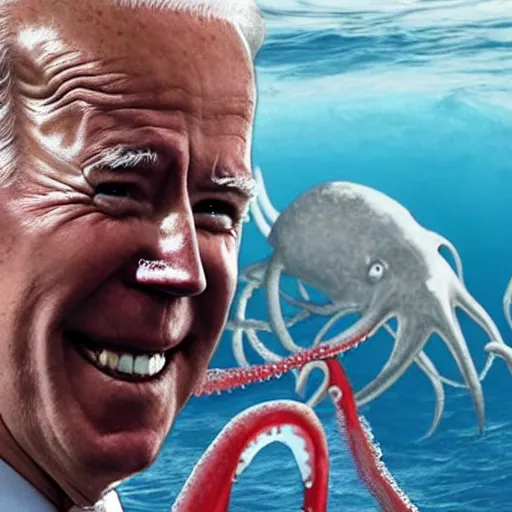 Image similar to photograph of joe biden wearing a bikini and battling a giant squid in the deep sea, realistic, 4 k,