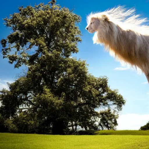 Prompt: ethereal giant white lion cloud in a heavenly blue sky