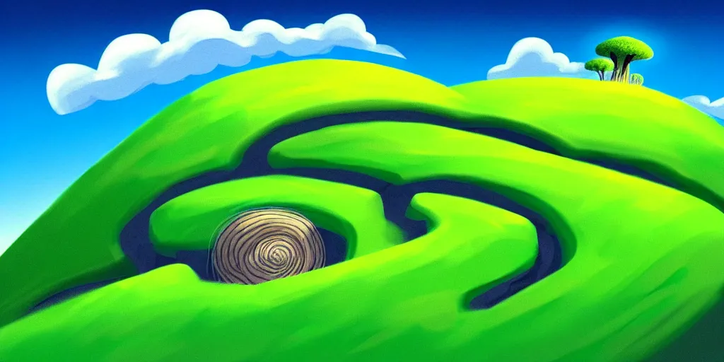 Prompt: night chubby cartoon concept art, grass spiral mountain landscape, from horton hears a who!, black blue green, spiral clouds