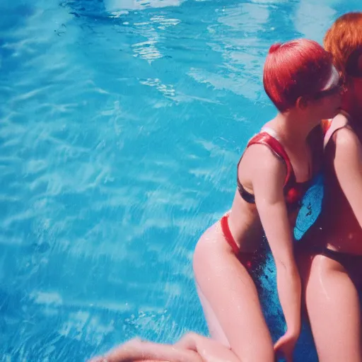 Prompt: two girls in the pool, film camera style, la piscine film aesthetics