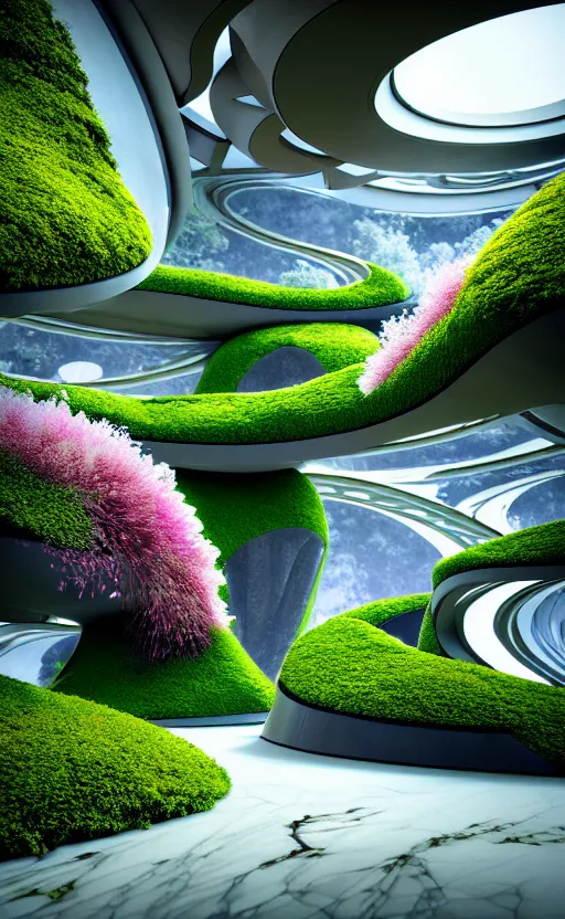 Prompt: futuristic sharp focus biophilic granite smooth villa interior secret garden, arches, bridges, fluid fractal scifi surreal, magnolia stone nebula fluid colorful architecture landscape, highly detailed, white flowers, marble, moss, vincent callebaut composition, mamou - mani, cinematic morning light, 8 k, unreal engine, uhd