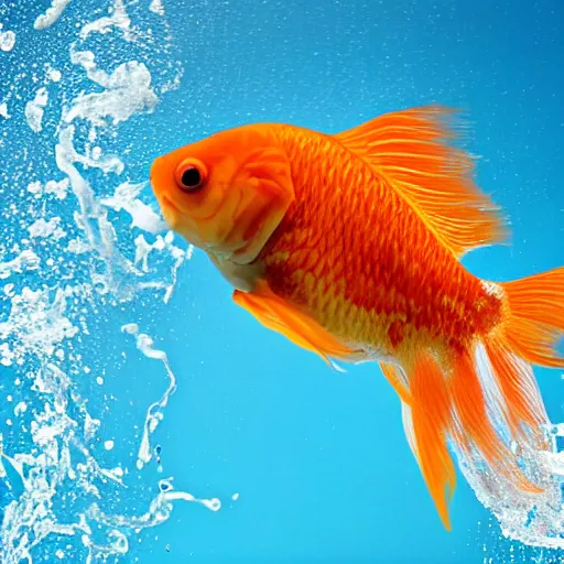 Image similar to stock photo of goldfish jumping in the air splahing water out of the water bowl to freedom blue background