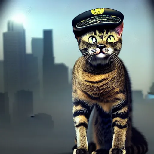 Prompt: a cat wearing a general\'s hat, it has an arrogant look in it\'s eyes and looks down at you, a war torn city in the background, epic full shot, cinematic lighting, professional photography, sharp focus, octane render, highly detailed, very realistic, photorealistic, Artstationhd, 8k, award winning on Artstation, hyper detailed, hyper realistic