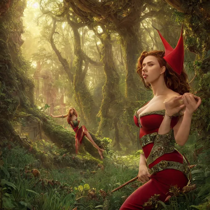 Prompt: intricate detailed portrait of Scarlet Johansson as a sensual elf on a beautiful forest meadow, temple ruins surrounded by lush forest, afternoon, art by Tyler Edlin, Artgerm and Greg Rutkowski and Alphonse Mucha and miro manara, atmospheric lighting, dynamic lighting, cgsociety, substance painter, 3dmodel