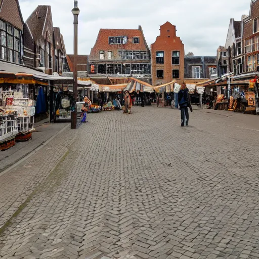Prompt: post apocalyptic photograph of Delft market square