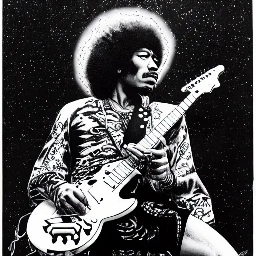 Prompt: Jimi Hendrix sitting on the rings of Saturn playing his electric guitar by Moebius