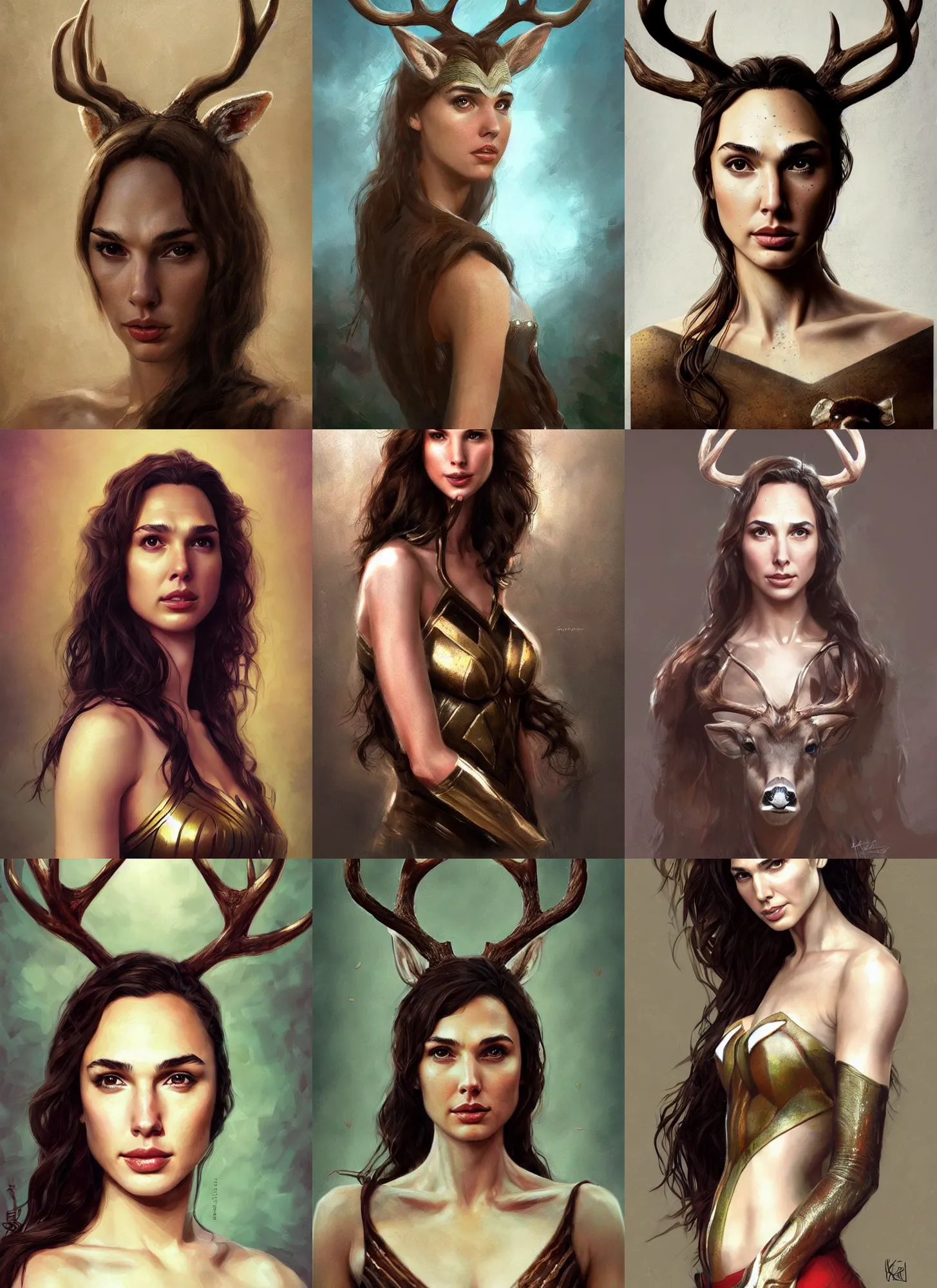 Prompt: head and shoulders masterpiece portrait of gal gadot as a deer, surreal background, digital art by krenz cushart, trending on artstation, cgsociety