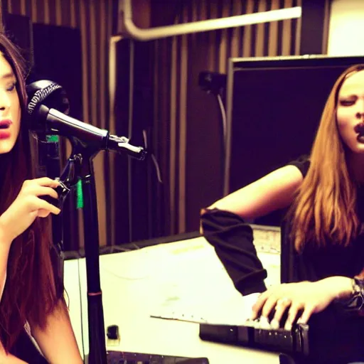Prompt: two hip - pop girl make a song in a studio at new york