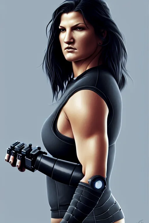 Image similar to gina carano with robotic left arm, casual black clothing, casual pose, large portrait, cyberpunk, digital painting, artstation, concept art, smooth, 8 k frostbite 3 engine, ultra detailed, art by artgerm and greg rutkowski and magali villeneuve