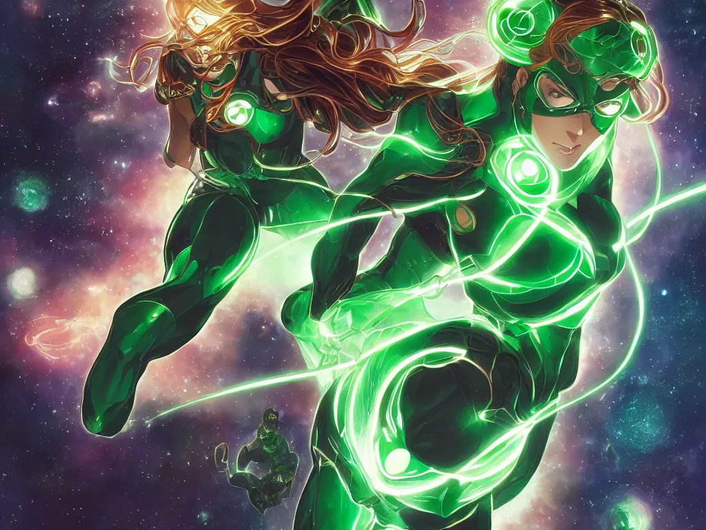 Image similar to anime key visual of one beautiful female green lantern, dc comics, power, hope, glowing, intricate, in space, stunning, highly detailed, digital painting, artstation, smooth, hard focus, illustration, art by artgerm and greg rutkowski and alphonse mucha