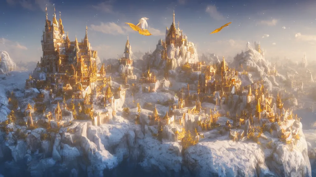 Prompt: a snow white and golden city flying with a floating island, sky island, white, pure white and gold, fantasy artwork, very very very beautiful scenery, hd, hdr, ue5, ue6, unreal engine 5, cinematic 4k wallpaper, 8k, ultra detailed, high resolution, artstation, award winning