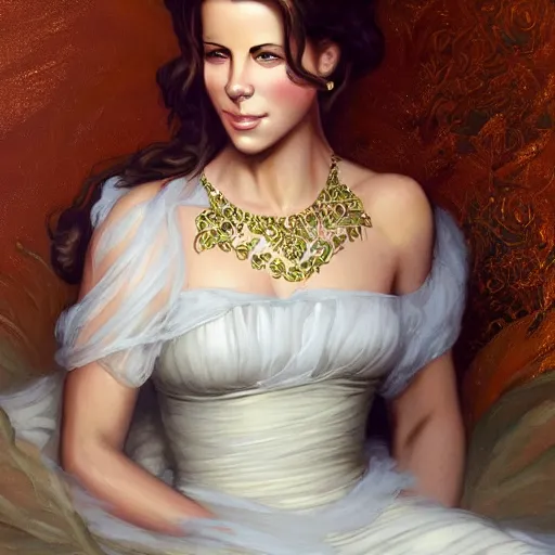 Prompt: the ultimate princess, kate beckinsale, smokey eyes, trending on / r / moreplatesmoredates, oil on canvas artstation by j. c. leyendecker and edmund blair leighton and charlie bowater octane render