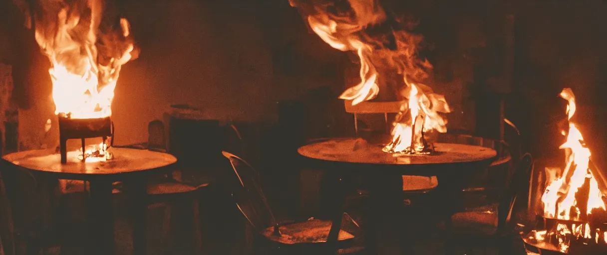 Image similar to a photograph of a big fire on a dining room on fire, only remains a wooden table and a chair (no fire at all there), an human-like relaxed dog sitting at this table, ☕ on the table, surrounded by flames, a lot of flames behind the dog, black smoke instead of the ceiling, no watermark