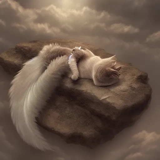 Prompt: cat with angel wings sleeping on a cloud, hyperdetailed, artstation, cgsociety, 8k