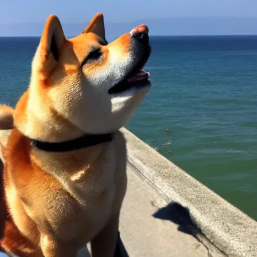 Prompt: shiba inu laughing at heavy car traffic leaving a Crimean beach