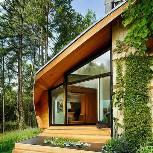 Image similar to a beautiful concept cottage designed for cozy, curves!!, natural contour aesthetics!!, energy efficiency and maximizing plants and greenery, golden light, high resolution, professional
