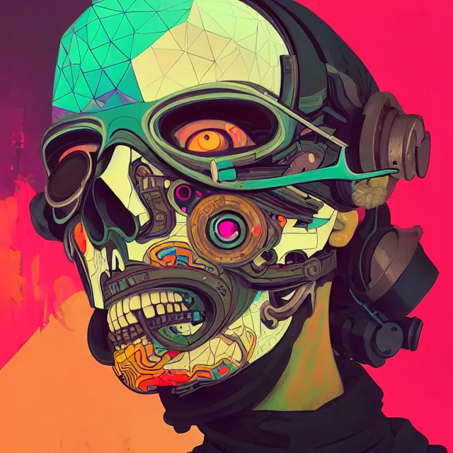 Prompt: a beautiful painting of a cyberpunk blindfolded skull by sachin teng and pascal blanche! and alphonse mucha and josan gonzalez!. in style of conceptual art. colorful comic, film noirs, brush stroke, vibrating colors, hyper detailed. octane render. trending on artstation