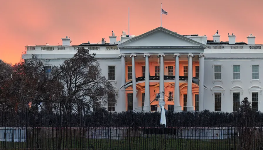 Image similar to people rebuilding white house in washington dc, scaffolding, sunset, volumetric light, hyperdetailed, artstation, cgsociety, 8 k