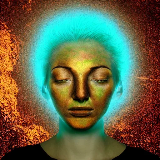 Prompt: long shot of woman with fungal growth overtaken top half of head bioluminescent iridescent opalescent fungal growth, highly textured rust