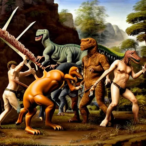 Image similar to A large dinosaur fighting with several realistic detailed cavemen with proportioned bodies, next to the dinosaur are cavemen, one caveman wearing animal furs is stabbing the dinosaur with his spear, one caveman wearing animal furs is cowering in fear, coarse canvas, visible brushstrokes, intricate, extremely detailed painting by Giorgione (and by Greg Rutkowski)