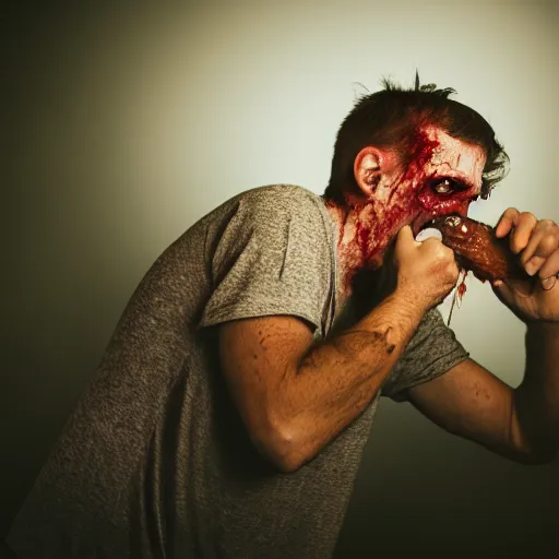 Image similar to 5 5 mm portrait photo of a zombie eating his own leg, 4 k photo, dramatic lighting, dslr, canon m 5 0, close up portrait