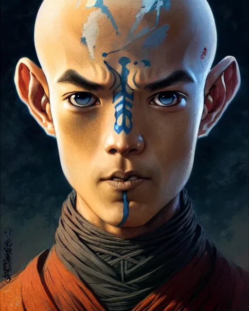 Image similar to aang from avatar the last airbender, character portrait, portrait, close up, concept art, intricate details, highly detailed by greg rutkowski, michael whelan and gustave dore