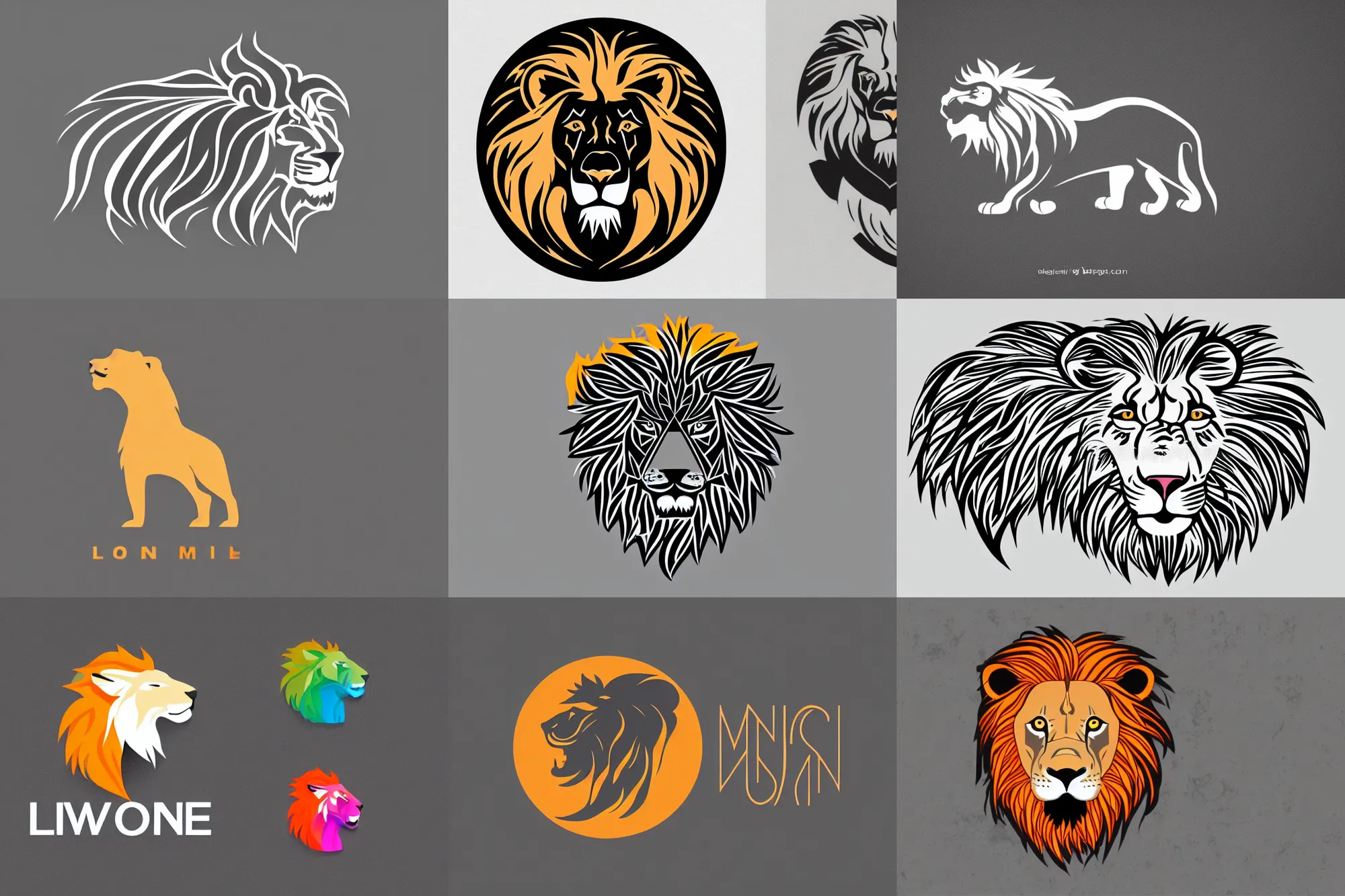 Prompt: a simple shape logo of a lion with fire mane. anthracite grey background, 5 tone colors, warm color gradient, vector art