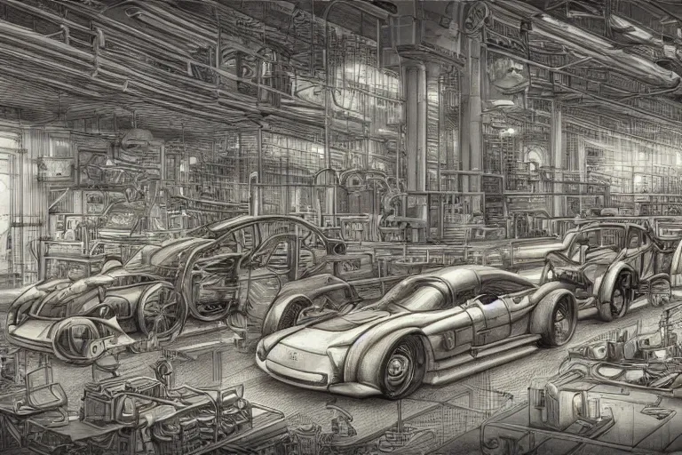 Prompt: pencil art of a race car factory, by pierre - yves riveau, hyper detailed, science fiction, fine details, pencil art, shadows, sharp focus, engineering, colored by studio ghibli
