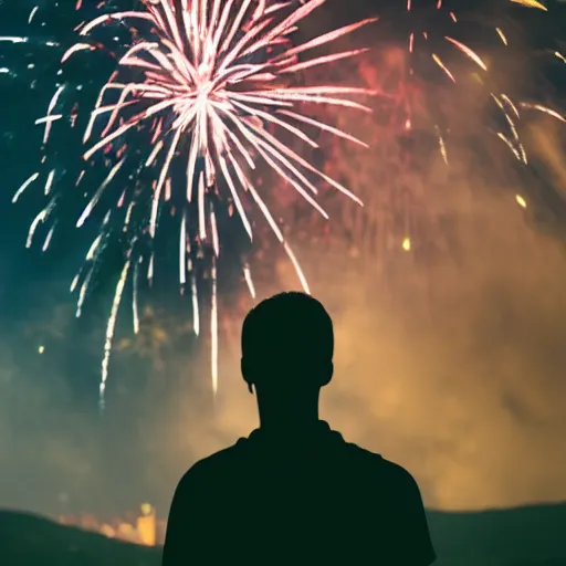 Image similar to Film still. Silhouette of young man. From behind. At night. Hills in the distance. Red fireworks in the sky. Cinematic lighting.