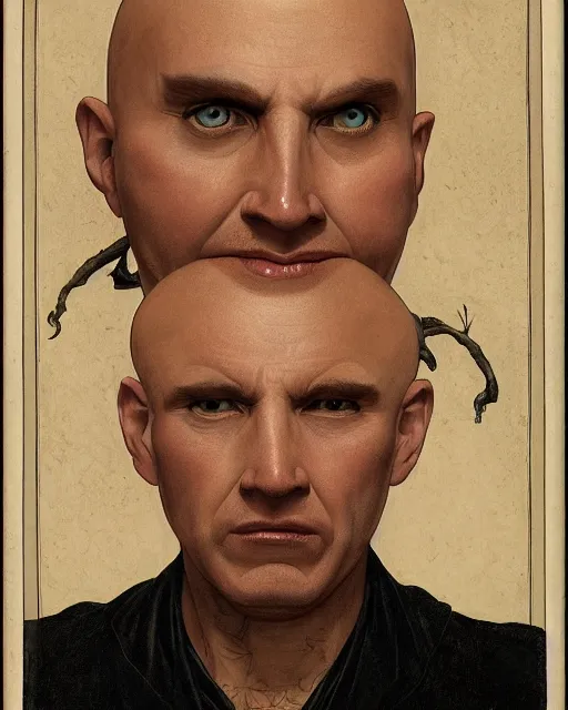 Image similar to portrait of a 4 0 - year - old bald character, male, with a white complexion, wide, cat - like scarlet eyes, a nose flat like a snake's nose, and a thin mouth, wearing in black clothes, hyper realistic face, beautiful eyes, fantasy art, in the style of greg rutkowski, intricate, alphonse mucha, hyper detailed, smooth