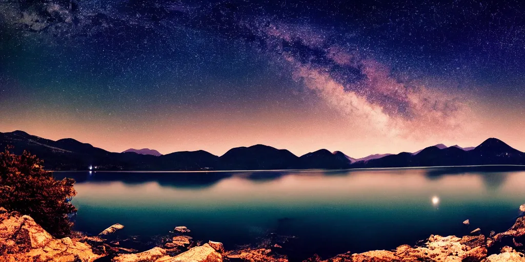 Prompt: photo of a lake at night with bright stars with mountains in the background, landscape, beautiful, elegant, award winning photograph, highly detailed, high resolution photo, cinematic lighting, trending on artstation, 8 k