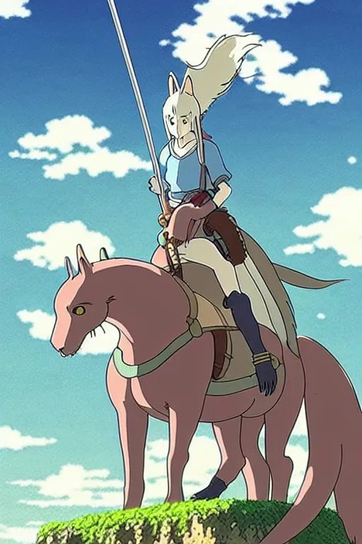 Prompt: female knight riding a weird giant cat, finely detailed features, by studio ghibli